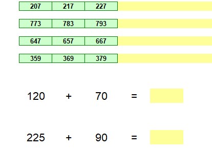 This self-marking spreadsheet concentrates on counting up in tens; adding a multiple of ten to a two digit number and adding a multiple of ten to a three digit number.